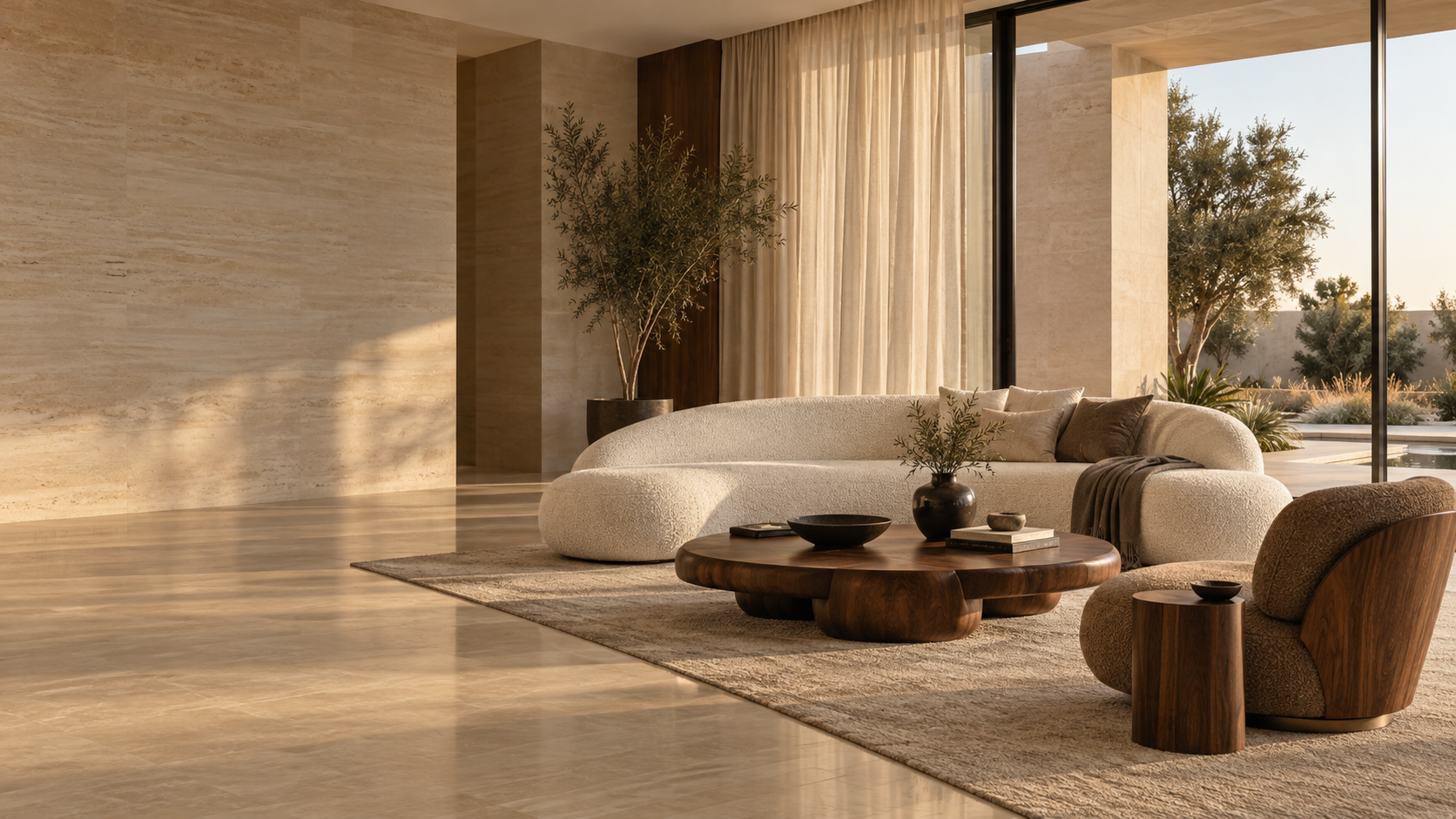 Warm contemporary living room with a curved sofa